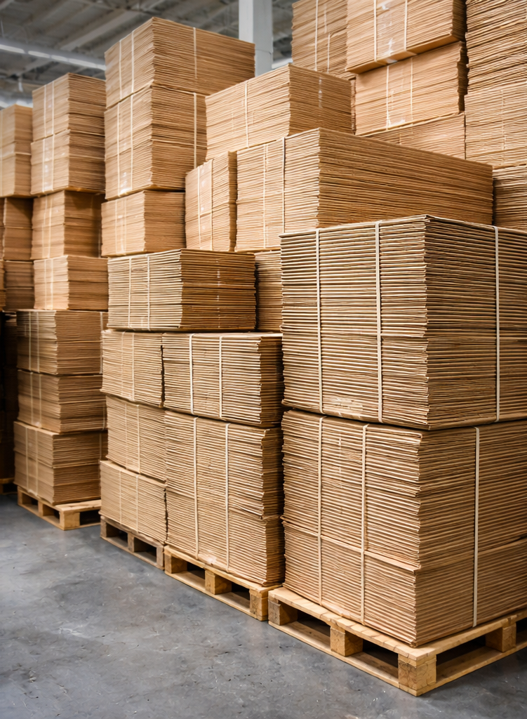 Cajas de cartón apiladas en entorno logístico